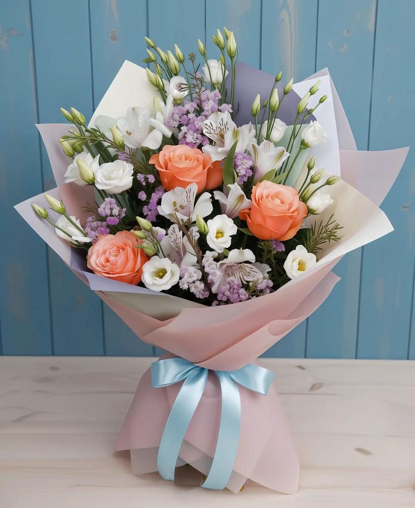 Букет цветов из: Лизиантусы, Розы, Альстромерии и Гипсофила в Боброво