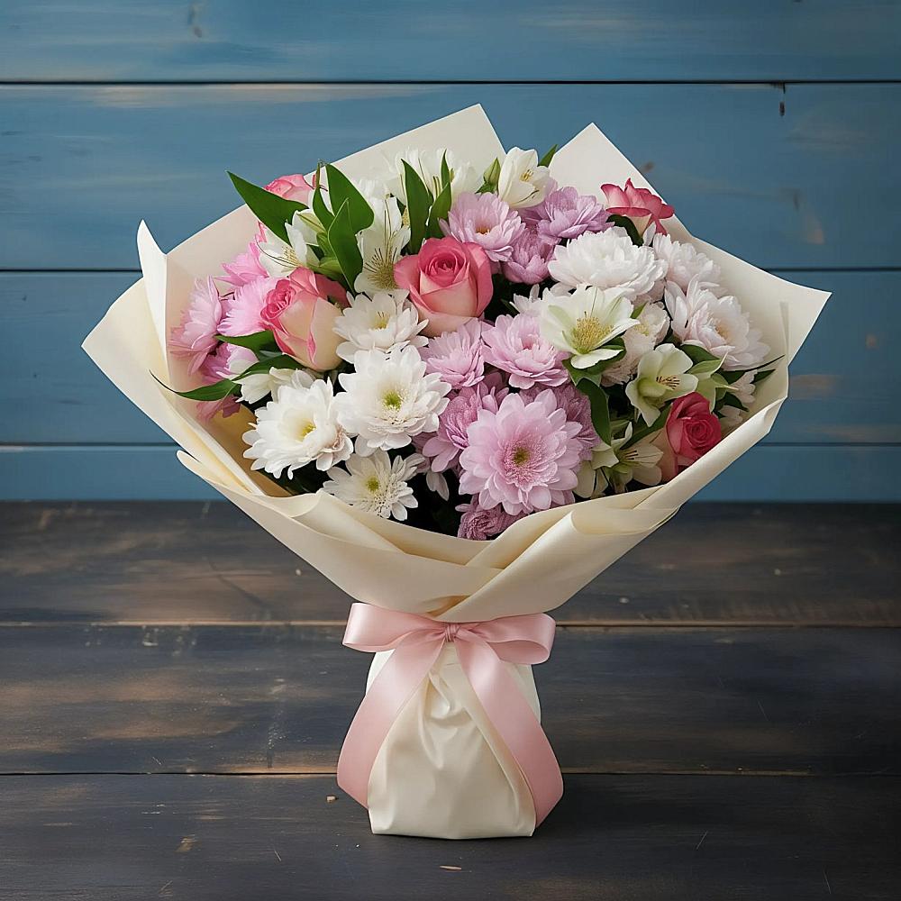 Букет цветов из: Хризантемы, Альстромерии и Розы в Боброво